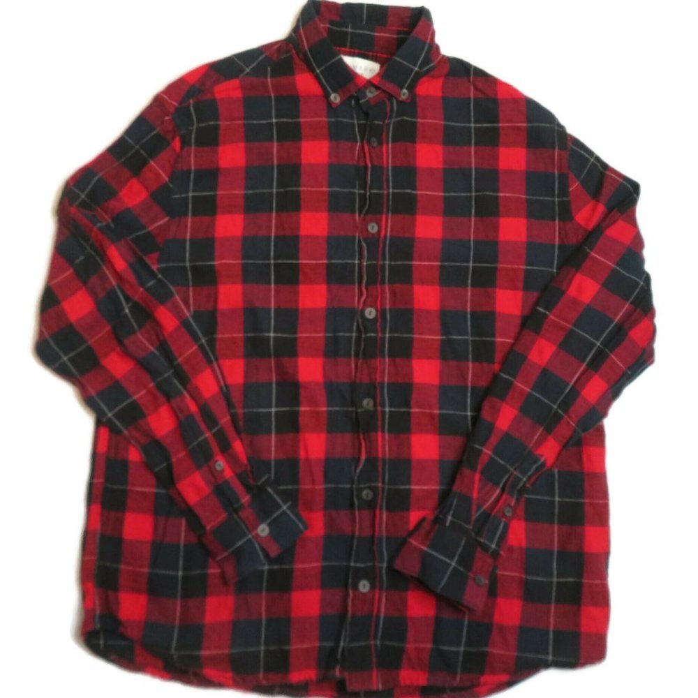 Primark Flannel‎ Button Down Shirt Mens Medium Red Plaid Cotton Long Sleeve